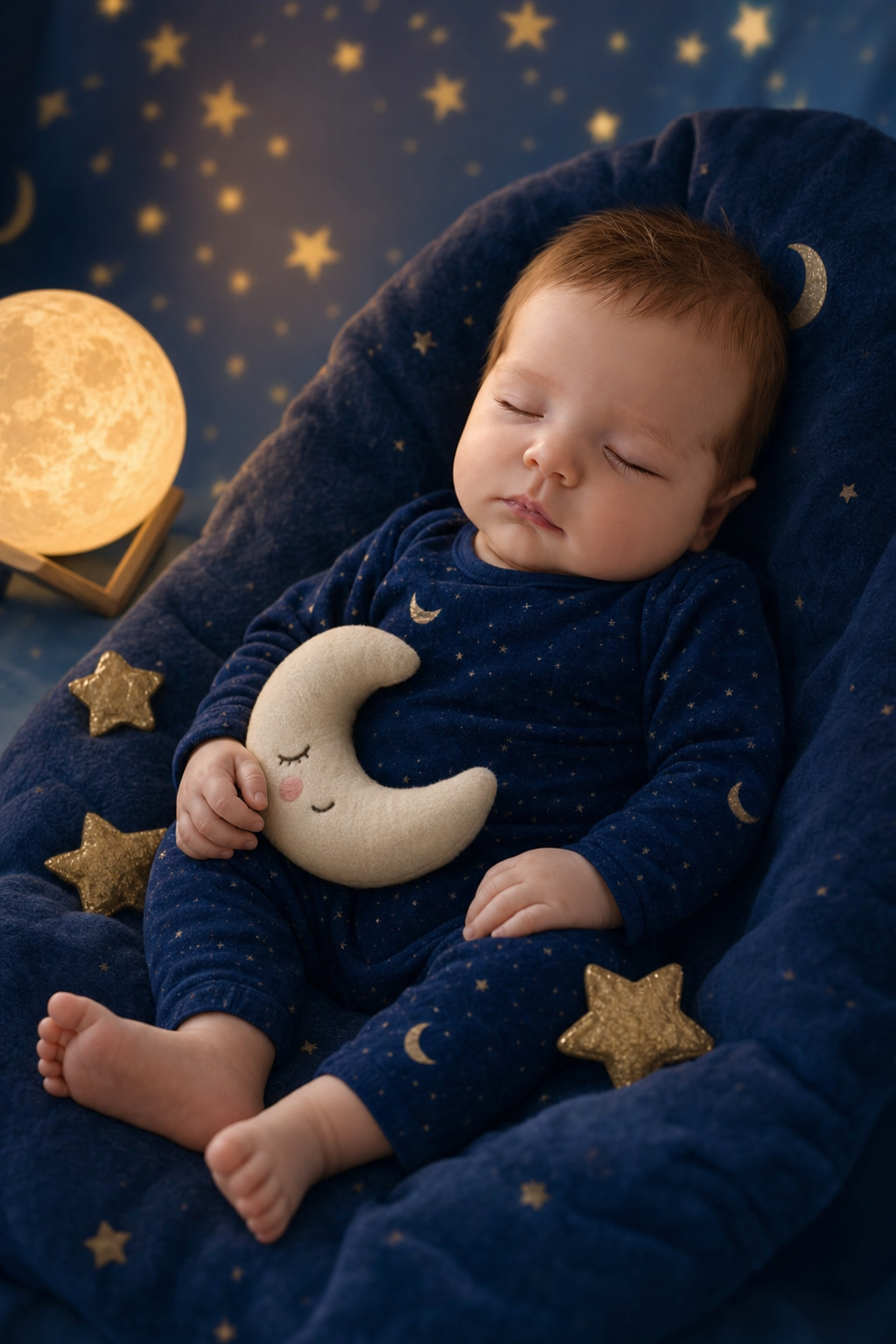 Baby photo transformed into a dreamy moon and stars newborn portrait